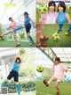 A group of young women playing soccer on a field.